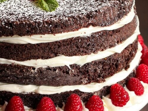 Layered chocolate cake on a cake plate
