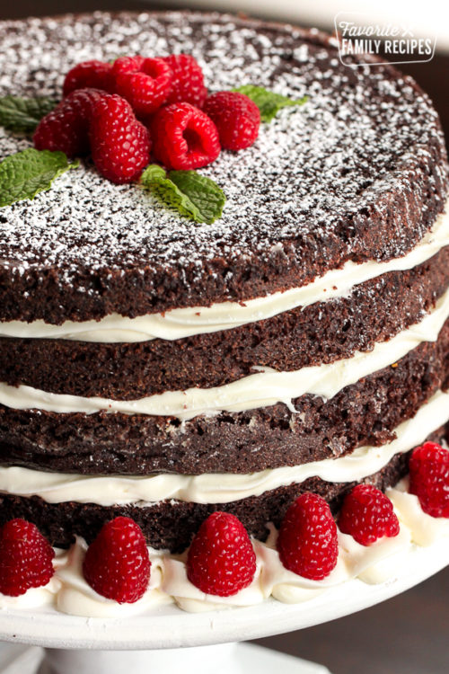 layered chocolate cake with raspberry and mint garnishes