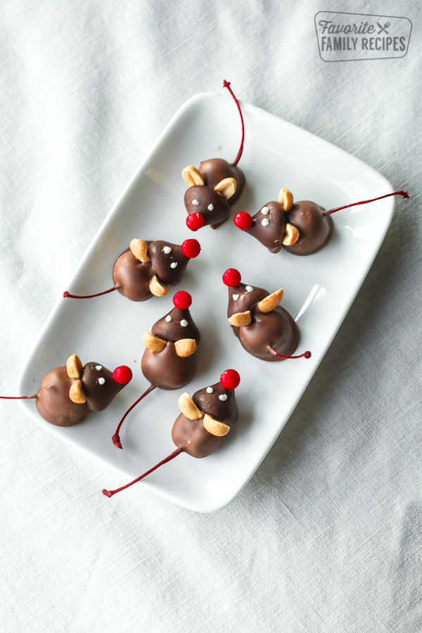 Chocolate Cherry mice on a white tray with a white tablecloth background