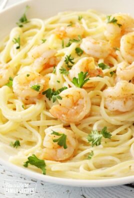 Shrimp Alfredo in a pasta bowl