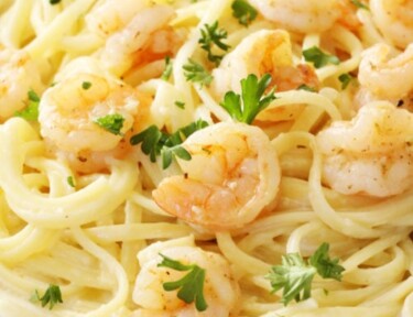 Shrimp Alfredo in a pasta bowl