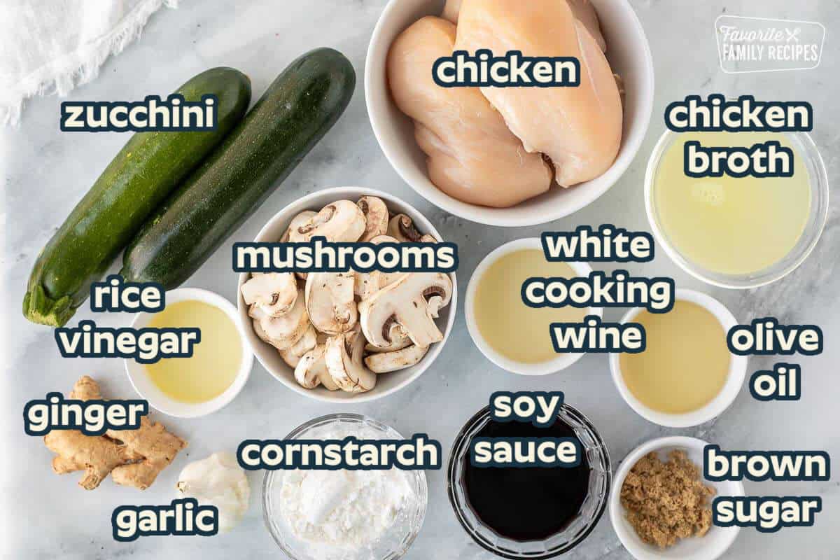 Ingredients to make Panda Express Mushroom Chicken: Chicken, Mushrooms, Zucchini, Chicken Broth, Soy Sauce, Seasonings