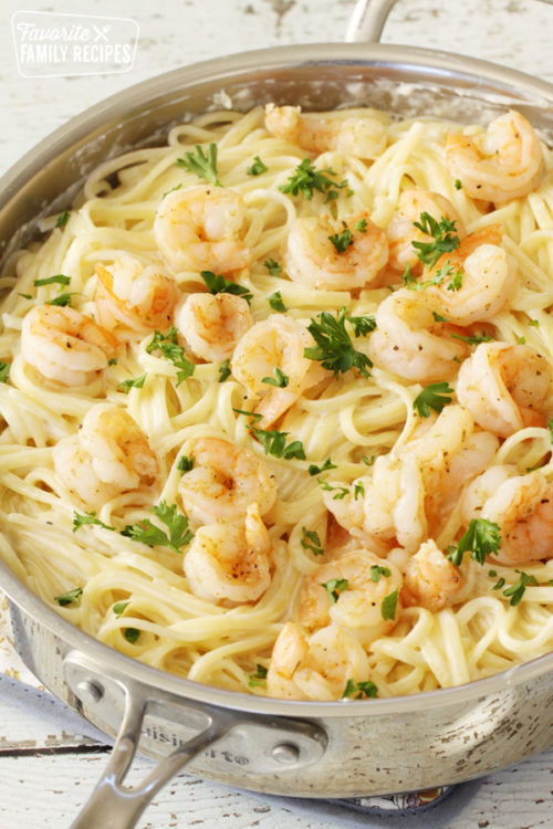Shrimp Alfredo in a large skillet ready to serve