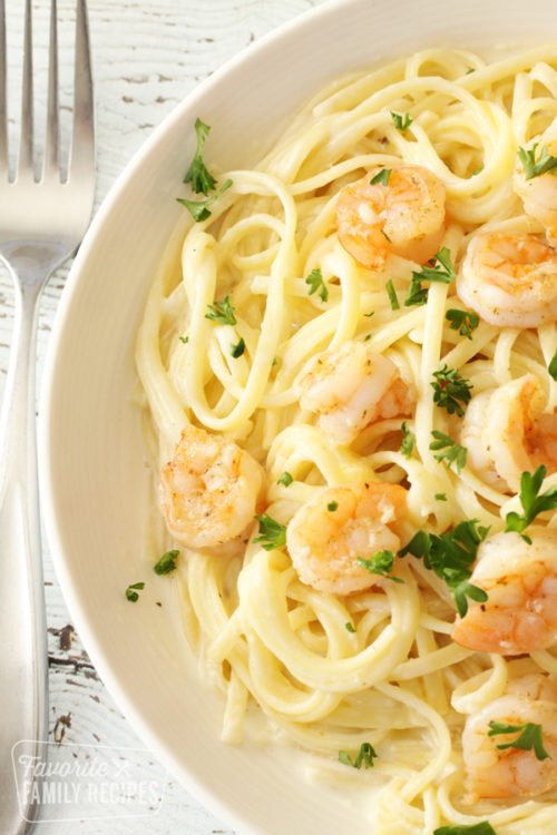 Shrimp alfredo in a pasta bowl.