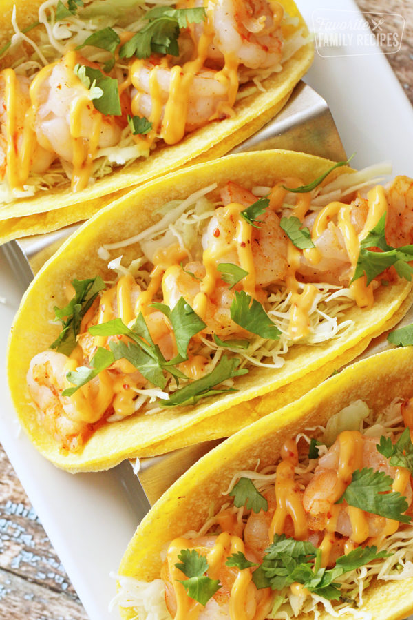 Top view of shrimp tacos on a plate