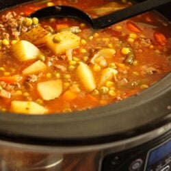 Crock Pot Vegetable Beef Soup being ladled out of a crock pot