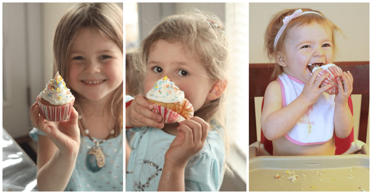 Collage of 3 kids making and eating cupcakes.