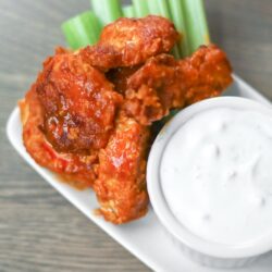 Boneless Buffalo Wings with Celery and Blue Cheese Dip