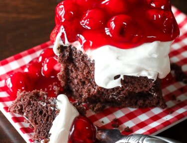 Chocolate Cake with Cherry Topping on a red and white gingham plate