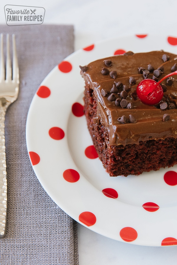 Chocolate Cherry Cake with a cherry on top on a white plate with red polka dots