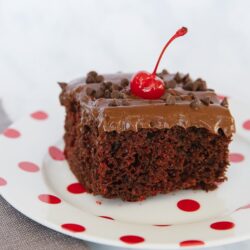 A slice of Chocolate Cherry Cake topped with a maraschino cherry on a white plate with red polka dots
