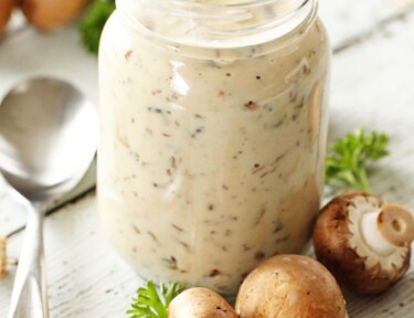 Homemade Cream of Mushroom Soup in a clear glass jar