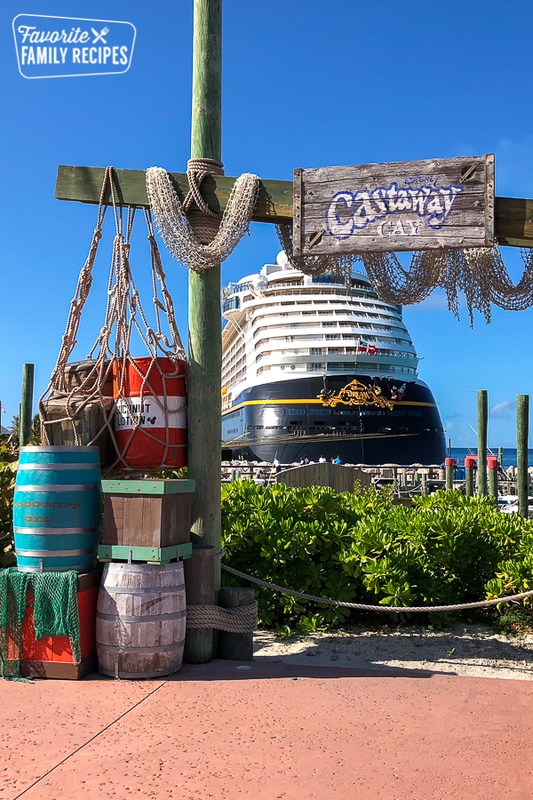Castaway cay with the cruise ship in the background.