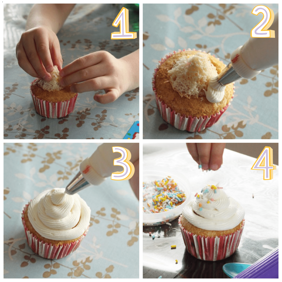 A collage of pictures showing step by step how to fill cupcakes 