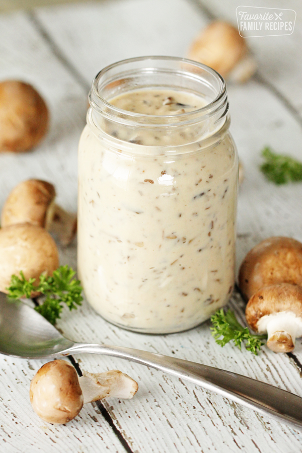 Homemade Cream of Mushroom Soup in a clear glass jar