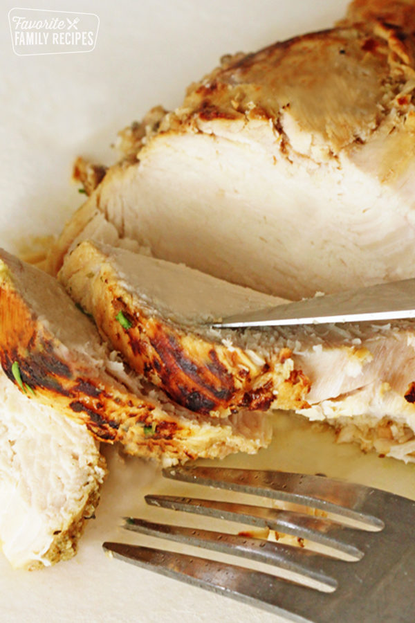 Close up of Instant Pot Chicken being sliced