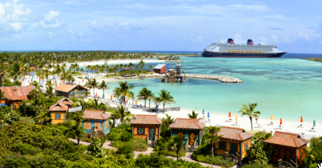 Castaway Cay with bungalows, beach chairs, a beach view, and a Disney Cruise line. 