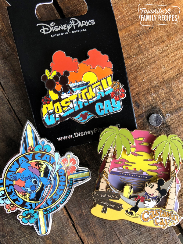 Castaway Cay pins with Mickey and Mouse. 