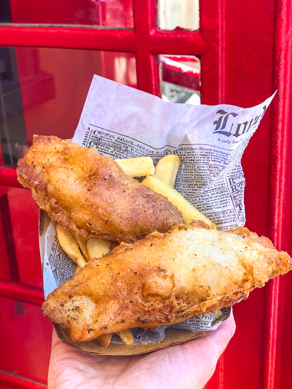 Fish and Chips served on a London newspaper at the Yorkshire County Fish Shop in Epcot's World Showcase.