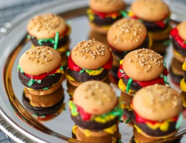 A tray of food prank mini hamburgers made out of candy