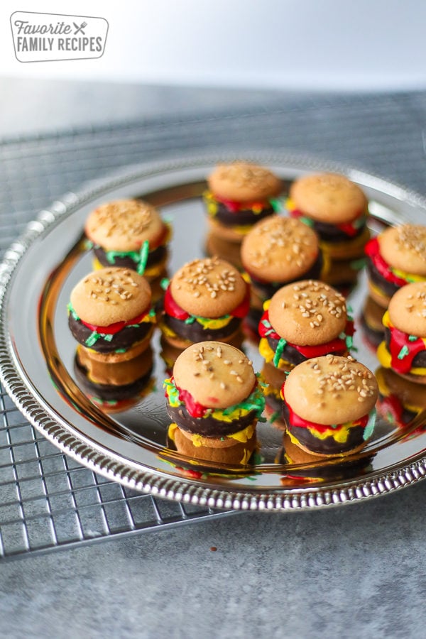 A tray of food prank mini hamburgers made from candy and cookies