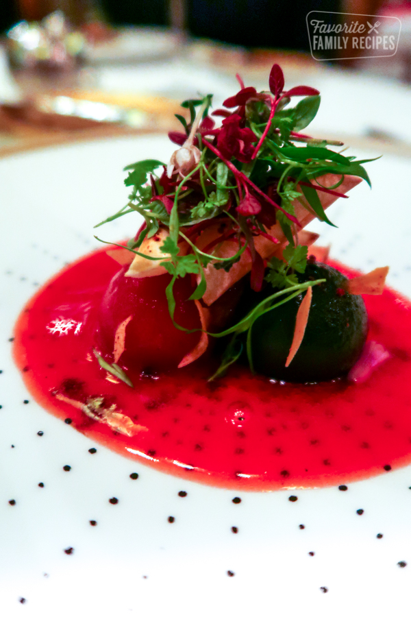 The fourth course. Heirloom tomatoes, with tomato compote and pineapple glaze.