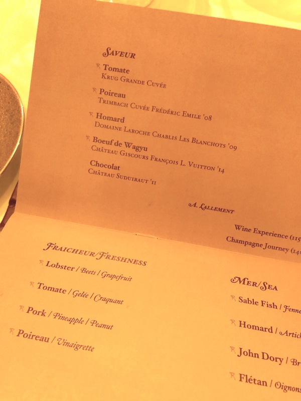 The menu for Remy on the Disney Dream