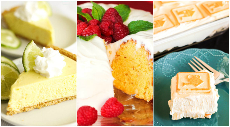 Collage of Key lime pie, Lemon cake, and banana pudding