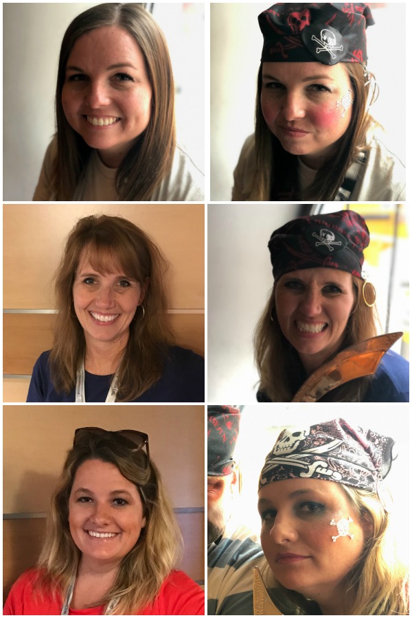 Our top "insider" tips for everything you need to know about Pirate Night on a Disney Cruise. We will tell you all the ways to make the most out of Pirate Night on your next magical Disney Cruise vacation. A collage of before and afters of Emily, Echo, and Erica dressed before their pirate clothes and after with pirate clothes on.