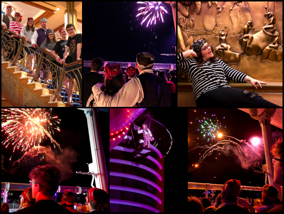 A collage of events from pirate night on the cruise ship. 