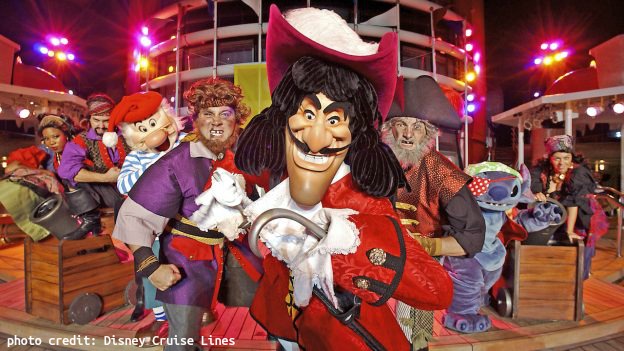 Our top "insider" tips for everything you need to know about Pirate Night on a Disney Cruise. We will tell you all the ways to make the most out of Pirate Night on your next magical Disney Cruise vacation. Hook and his pirates on the ship acting.