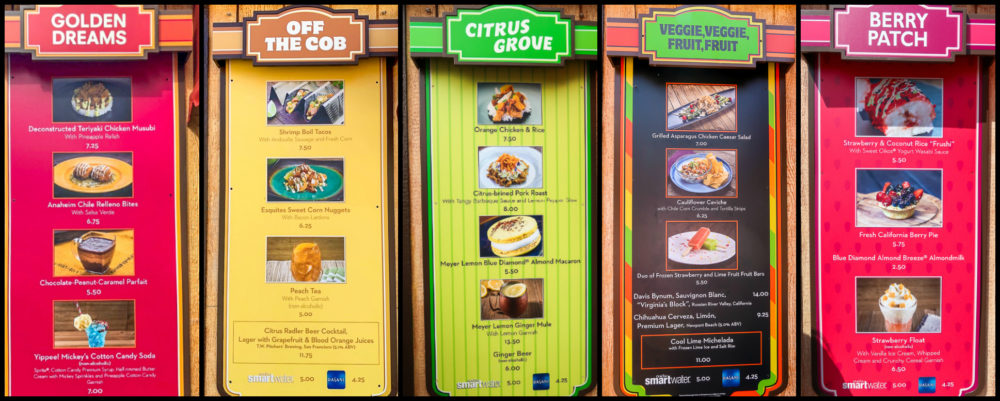 Menus from booths at the Disney California Adventure Food & Wine Festival