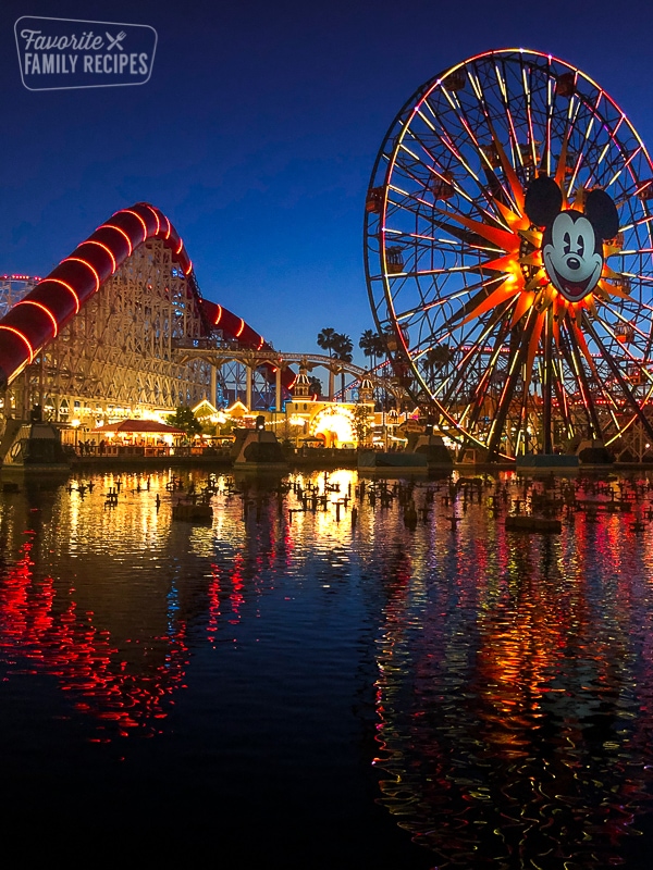 The giant Mickey Mouse Ferris Wheel at Disney California Adventure Park at night