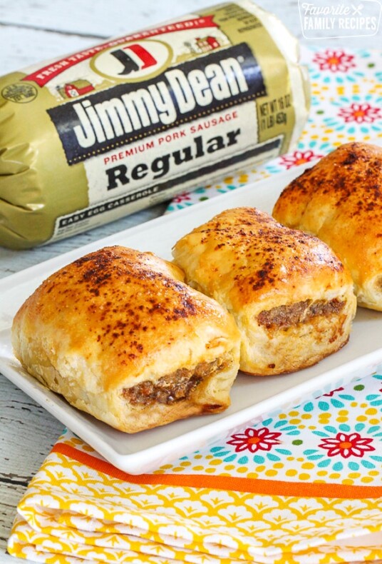 Australian sausage rolls made from Jimmy Dean sausage, wrapped in a pastry dough, and baked until golden brown