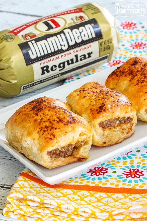 Australian sausage rolls made from Jimmy Dean sausage, wrapped in a pastry dough, and baked until golden brown