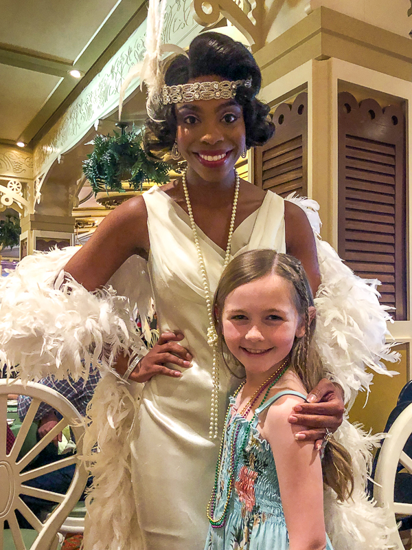 Piper with Tiana in Tiana's place on the Disney Magic Cruise.