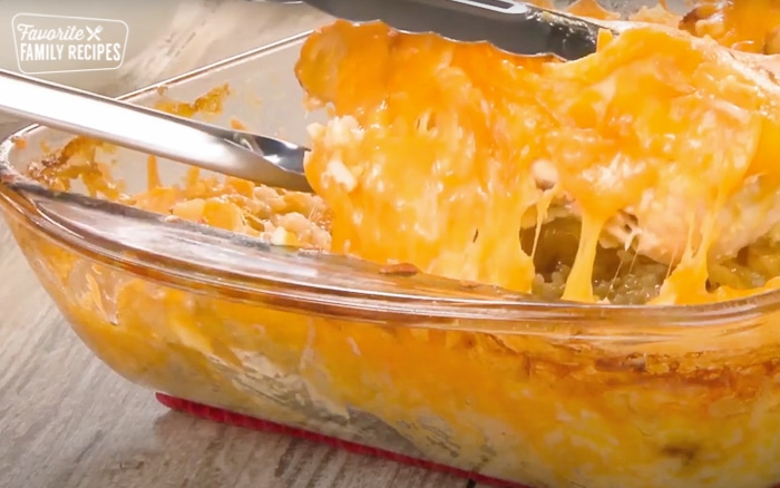 Baked cheesy chicken and rice in a pan