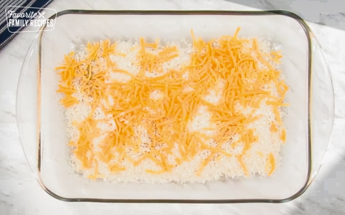 Rice and cheese in a pan.
