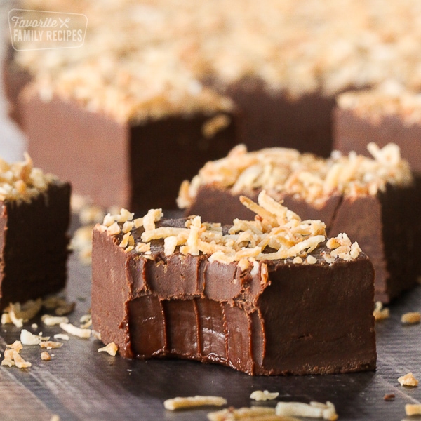 Creamy Chocolate Coconut Fudge with a bite out of it.