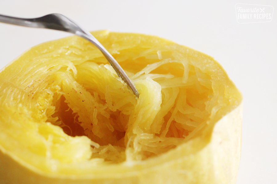 Close up of half of a cooked spaghetti squash