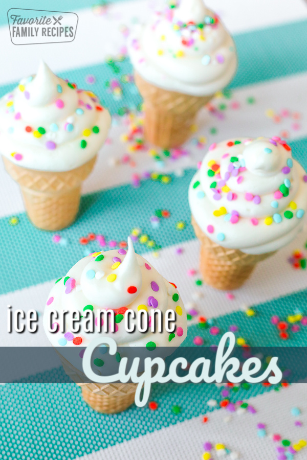 Pin image of four ice cream cone cupcakes with sprinkles