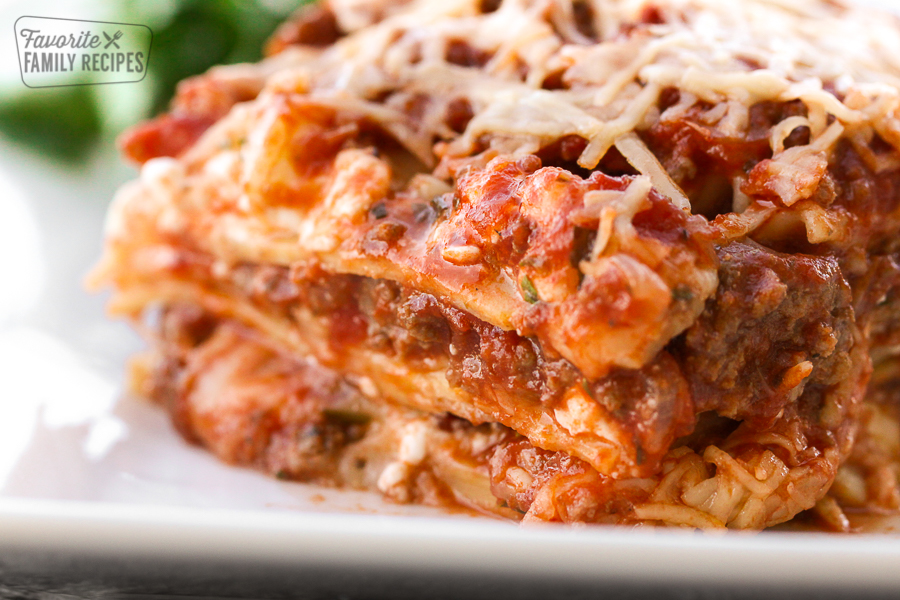A slice of the best lasagna layered with cheese, meat, and lasagna noodles