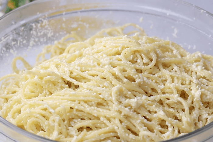 Buttered pasta mixed with Mizithra cheese for The Old Spaghetti Factory's Mizithra Pasta.