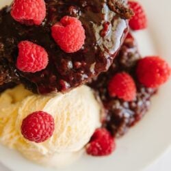 A serving of Chocolate Raspberry Cake with ice cream and raspberries as a garnish