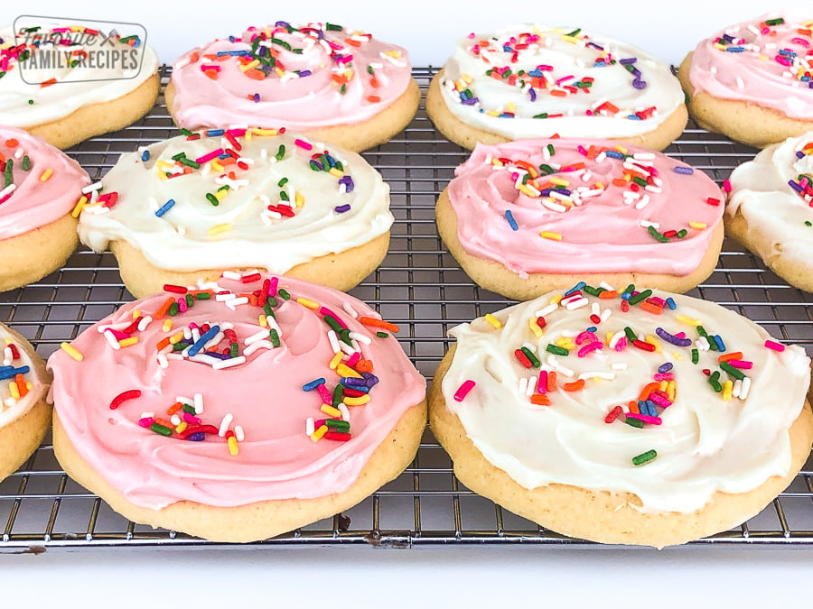 A cooling rack filled with Grandma's Soft Sugar Cookies