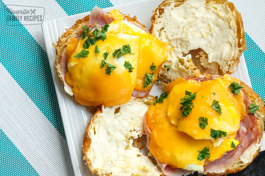 Ham, Egg, and Cheese Breakfast Croissants on a tray.