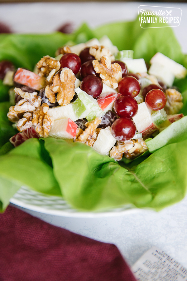 A Waldorf salad served on a bed of lettuce in a white bowl