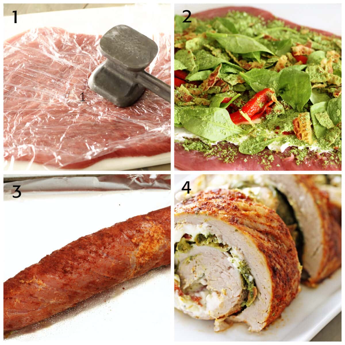 Collage showing 4 steps to making pork stuffed loin