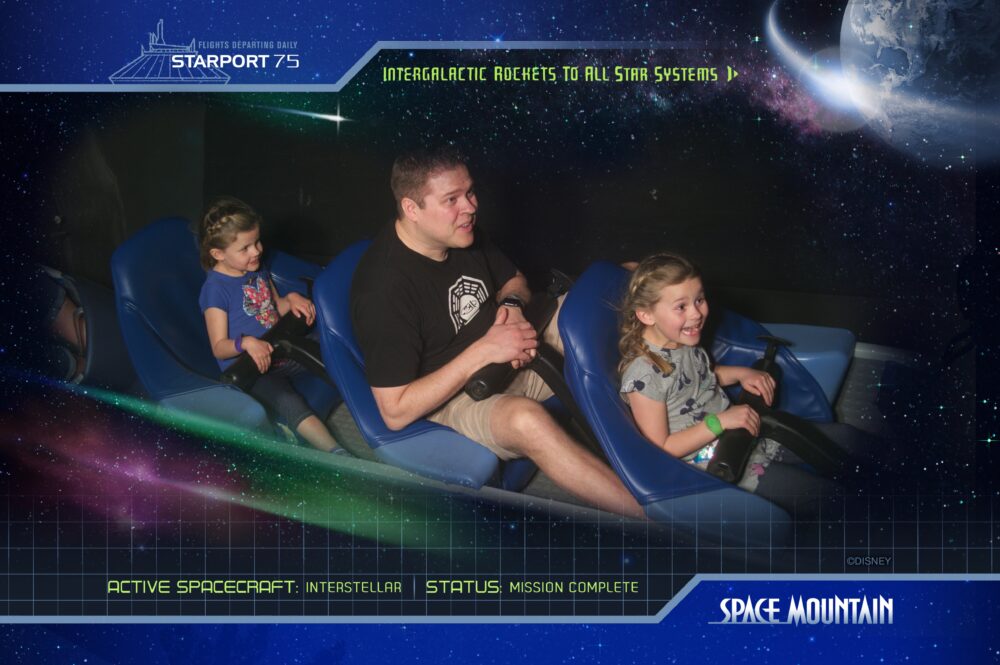 Jared Andie and Gracie on Space Mountain Ride in Magic Kingdom.