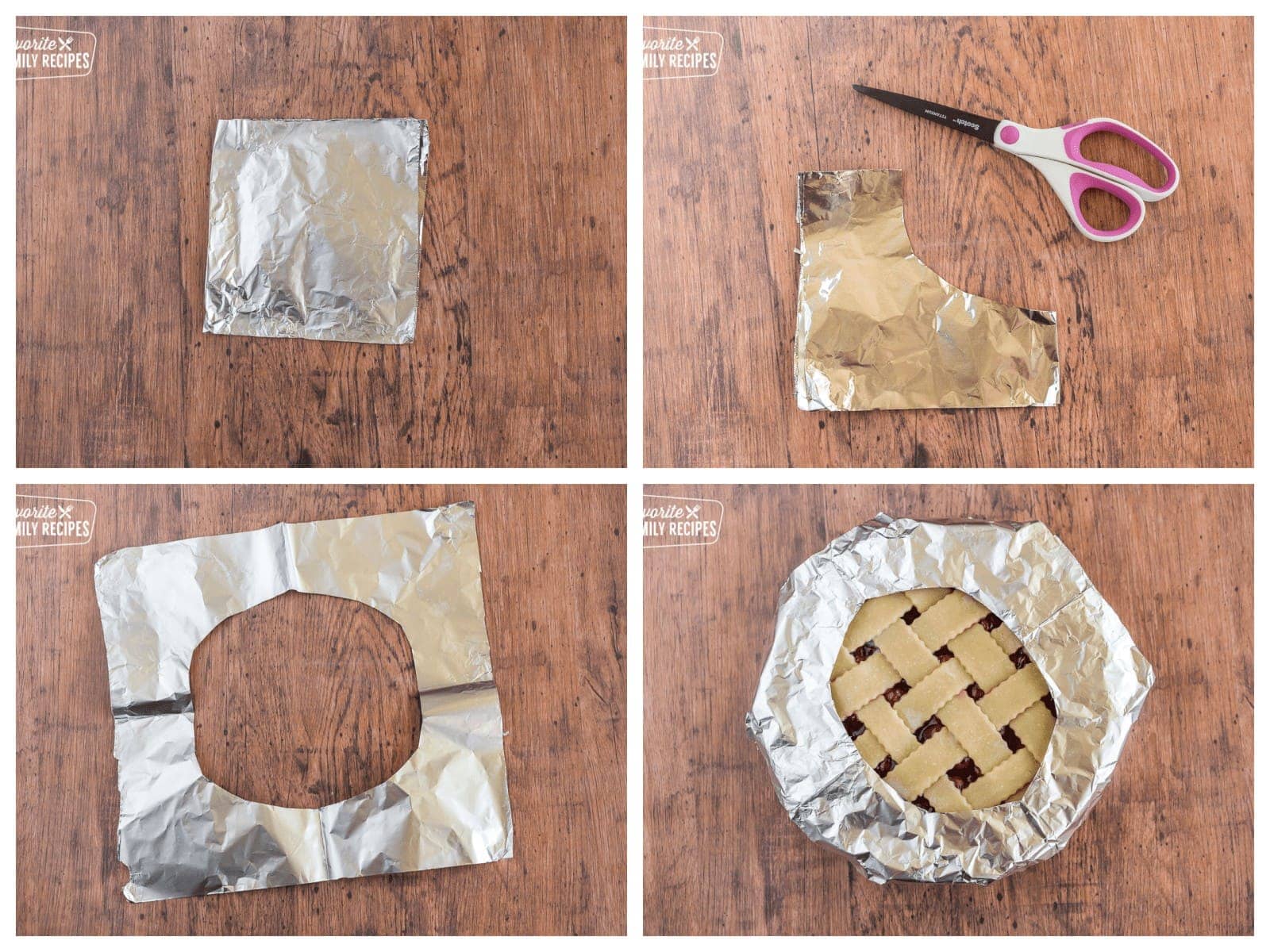 A four photo collage with cutting foil and making a pie tin foil on the edges.